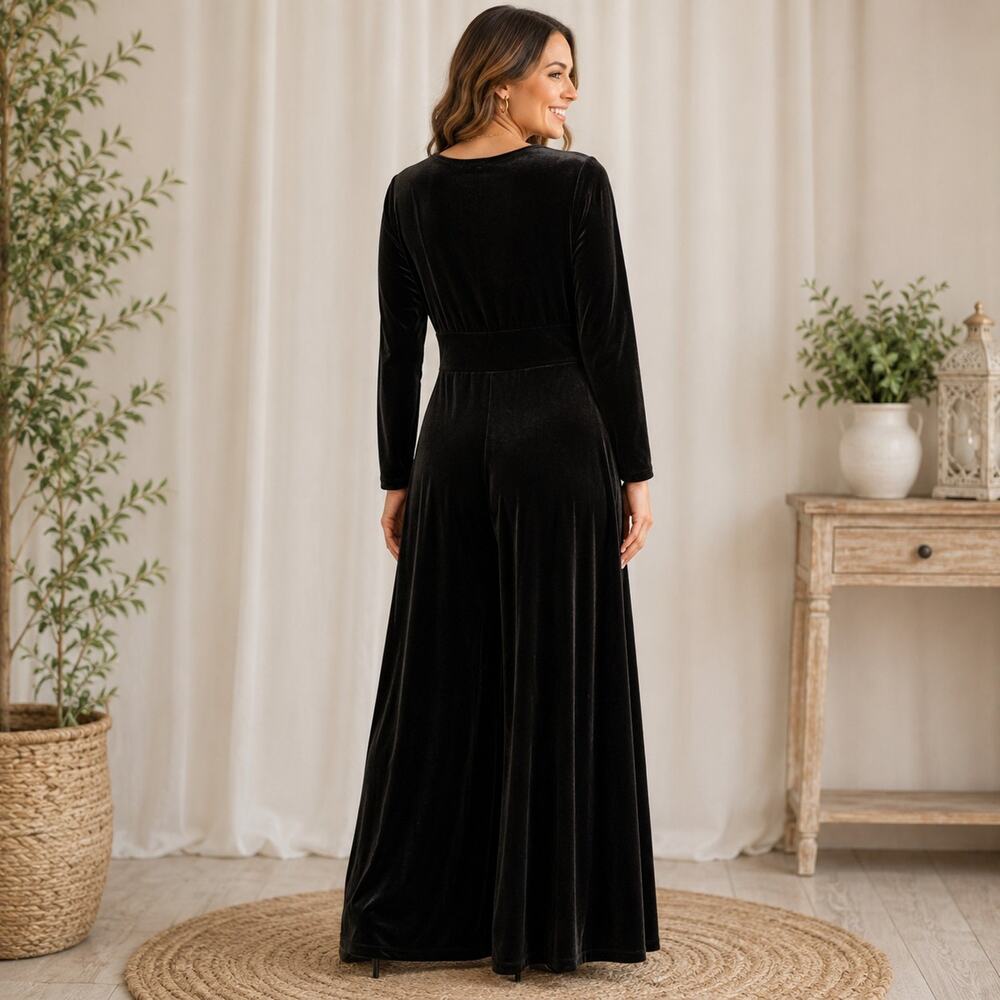 Urban Coco Black Velvet Maxi Dress XL Long Sleeve Surplice Stretch Elegant - Picture 2 of 10